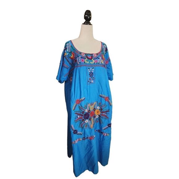 Blue 70s Embroidered Floral Kaftan Hpuse Dress Maxi Colourful - Picture 3 of 7